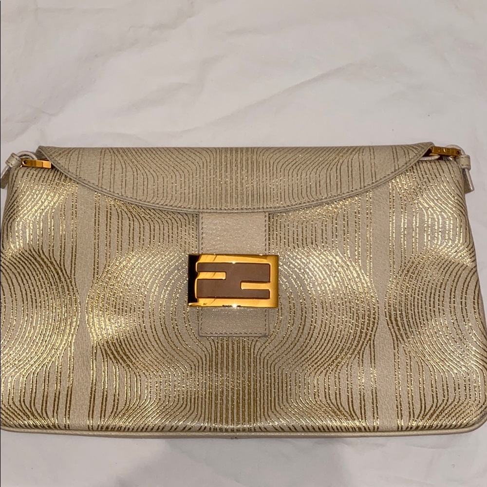 Fendi Gold Textured Clutch with Logo Clasp